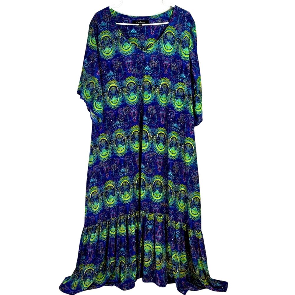 Calesas Blue and Green Fully Lined Maxi Dress Caftan Size 2XL O0283
